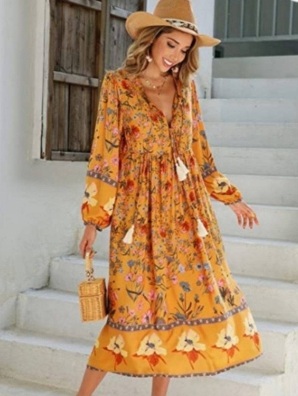 Bohemian Floral Midi Dress in Mustard Yellow